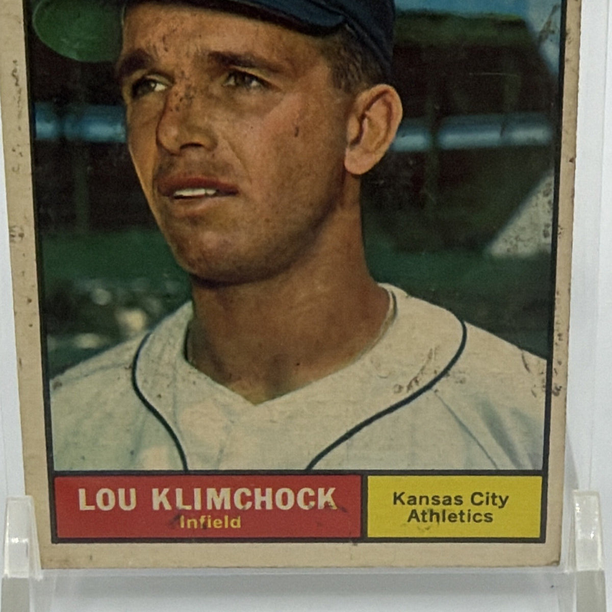 Detail of Lou Klimchock nameplate and Kansas City Athletics designation