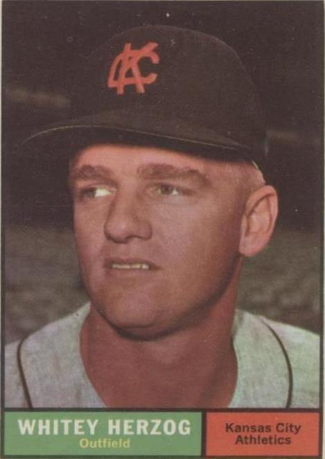 Alternate front view of 1961 Topps Whitey Herzog #106 Kansas City Athletics vintage baseball card