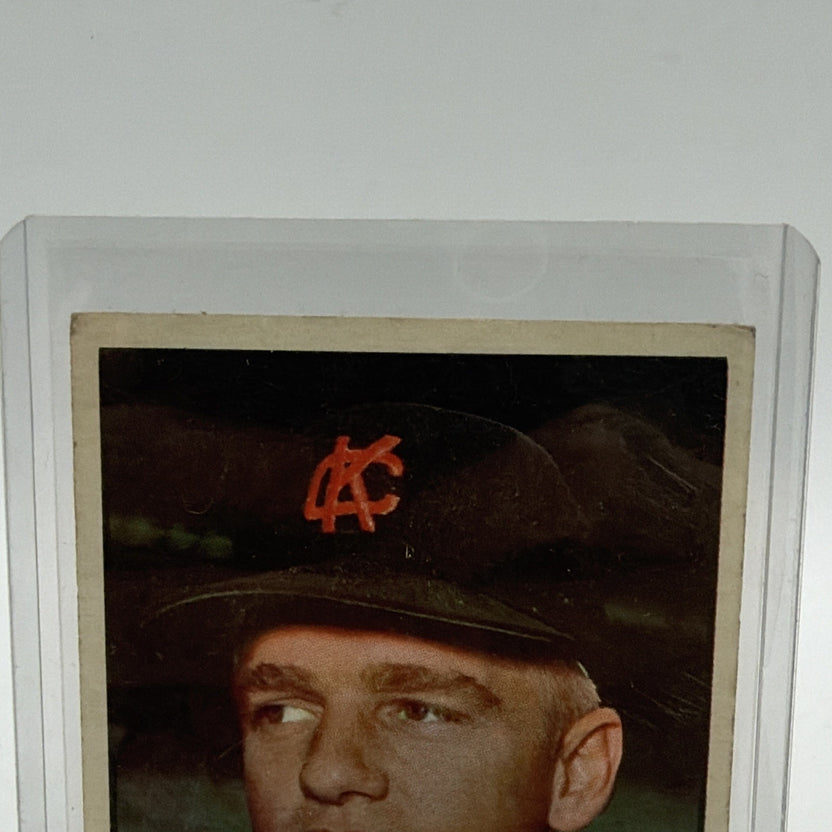 Close-up of Whitey Herzog's face and Kansas City Athletics cap on his 1961 Topps baseball card