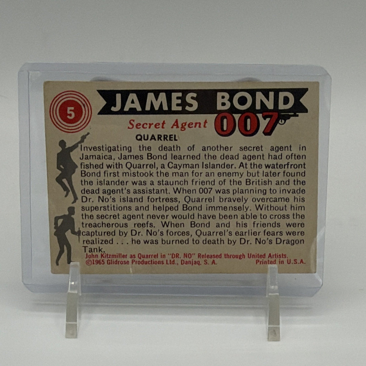 Reverse of 1965 James Bond #5 Quarrel card showing red and black 007 branding and character description