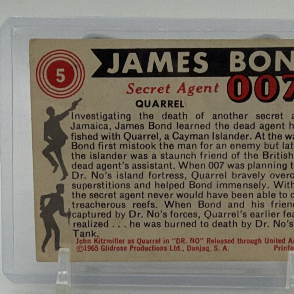 Alternate reverse photograph of 1965 James Bond 007 Quarrel trading card with original printed text