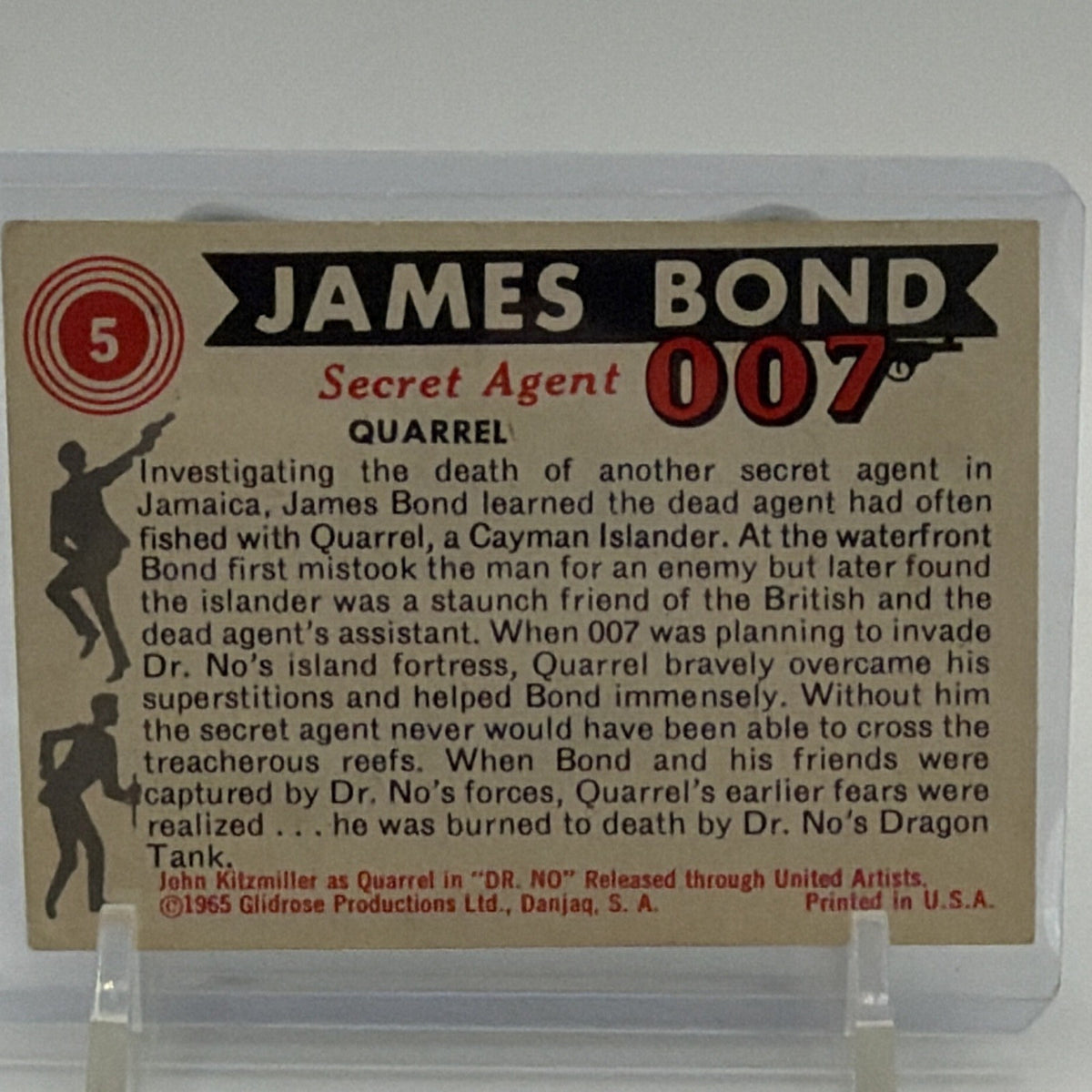 Detail of the vintage character description and licensing information on the back of James Bond card #5