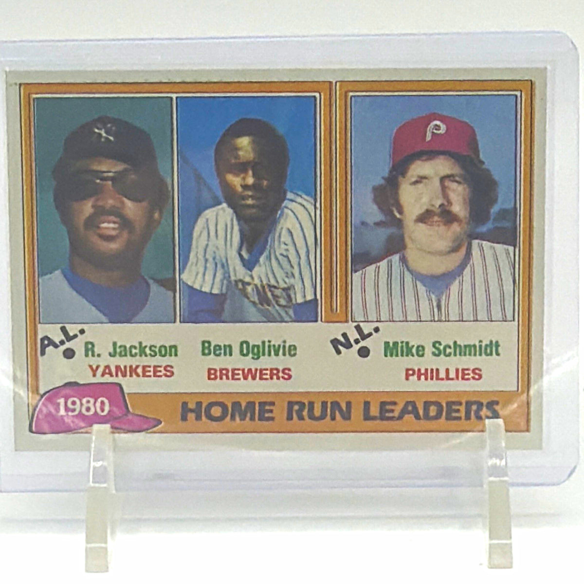 1981 Topps #2 1980 Home Run Leaders card featuring Reggie Jackson, Ben Oglivie and Mike Schmidt