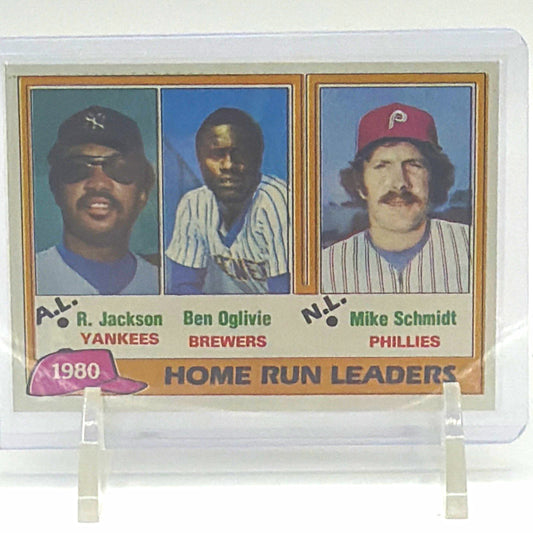 1981 Topps #2 1980 Home Run Leaders card featuring Reggie Jackson, Ben Oglivie and Mike Schmidt