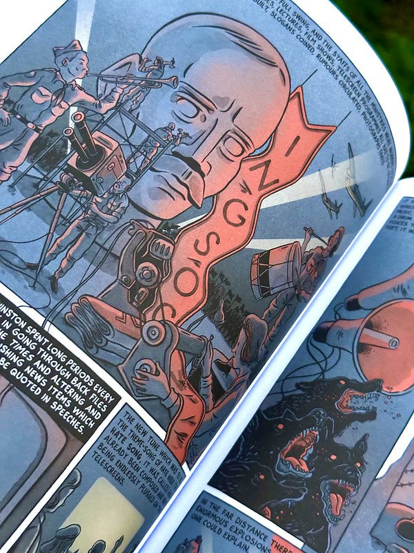 Illustrated interior spread from 1984 depicting the oppressive atmosphere of Orwell's dystopian society through bold graphic novel artwork.