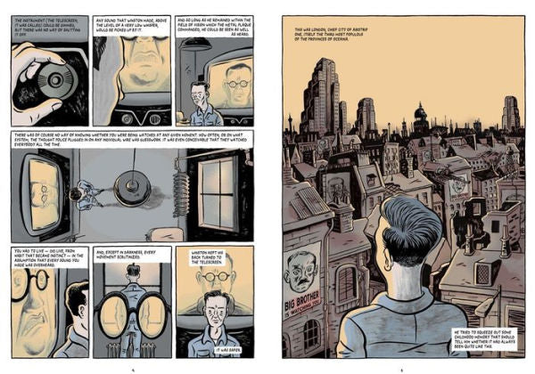 Interior artwork from the graphic novel adaptation of 1984, illustrated by Fido Nesti, featuring stark grey and red imagery inspired by George Orwell's dystopian world.