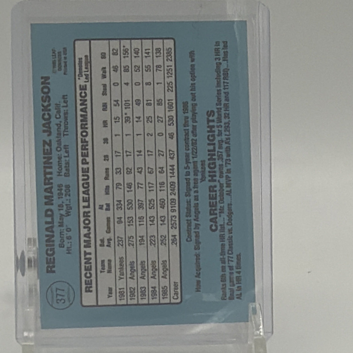 Back of 1986 Donruss Reggie Jackson #377 baseball card
