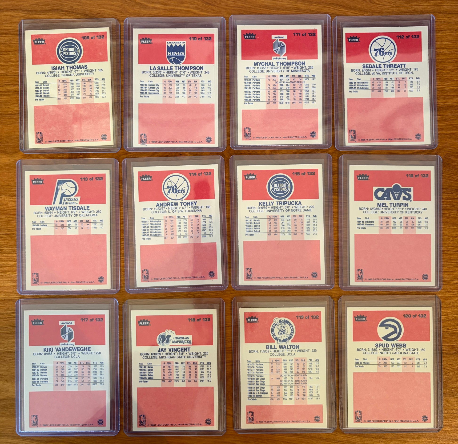 Backs of 1986 Fleer Basketball cards #109–120 displayed from the complete 1986–87 Fleer Basketball set. Featured players include Isiah Thomas #109, LaSalle Thompson #110, Mychal Thompson #111, Sedale Threatt #112, Wayman Tisdale #113, Andrew Toney #114, Kelly Tripucka #115, Melvin Turpin #116, Kiki Vandeweghe #117, Jay Vincent #118, Bill Walton #119, and Spud Webb #120. The card backs display player statistics, biographical information, and team logos from the iconic 1986 Fleer Basketball release.