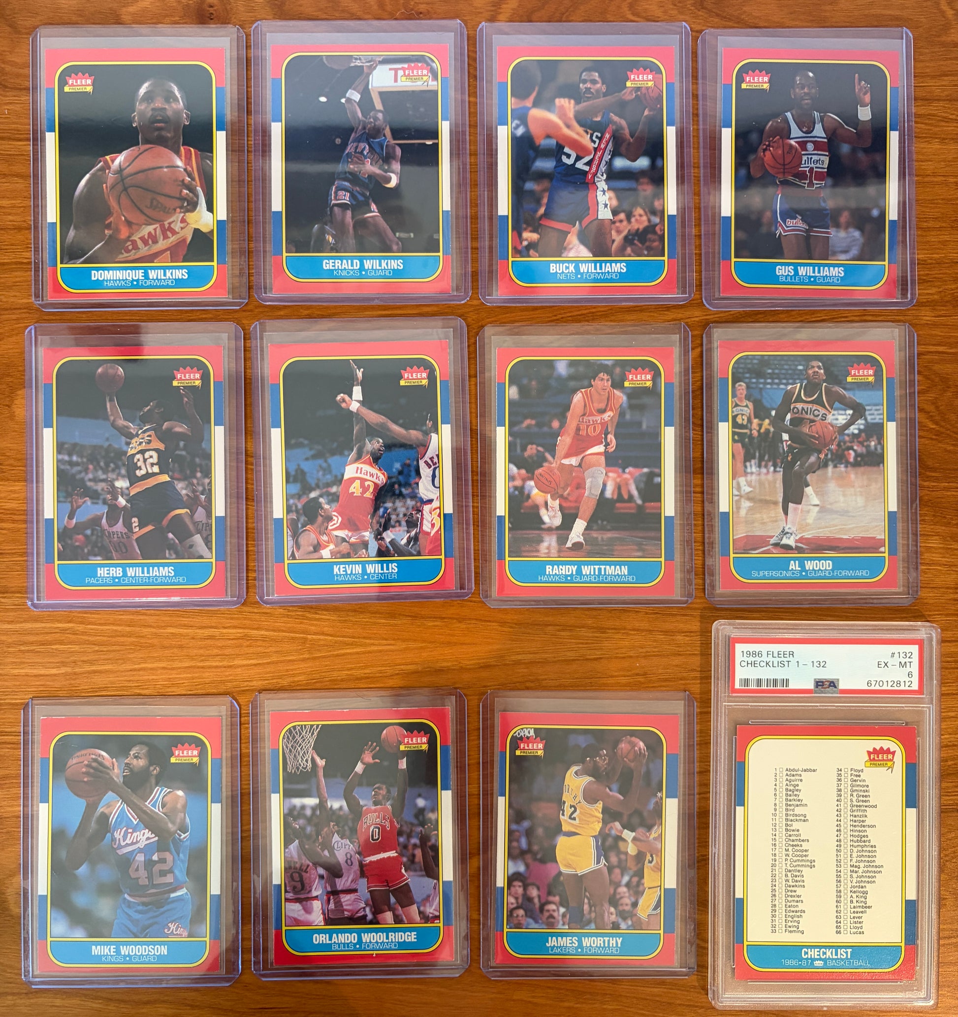 Fronts of 1986 Fleer Basketball cards #121–132 from the complete 1986–87 Fleer Basketball set. Featured players include Dominique Wilkins #121, Gerald Wilkins #122, Buck Williams #123, Gus Williams #124, Herb Williams #125, Kevin Willis #126, Randy Wittman #127, Al Wood #128, Mike Woodson #129, Orlando Woolridge #130, James Worthy #131, and PSA-graded Checklist #132. Hall of Famers Dominique Wilkins, James Worthy, Buck Williams, Kevin Willis, and future NBA coach Mike Woodson highlight the final section of 