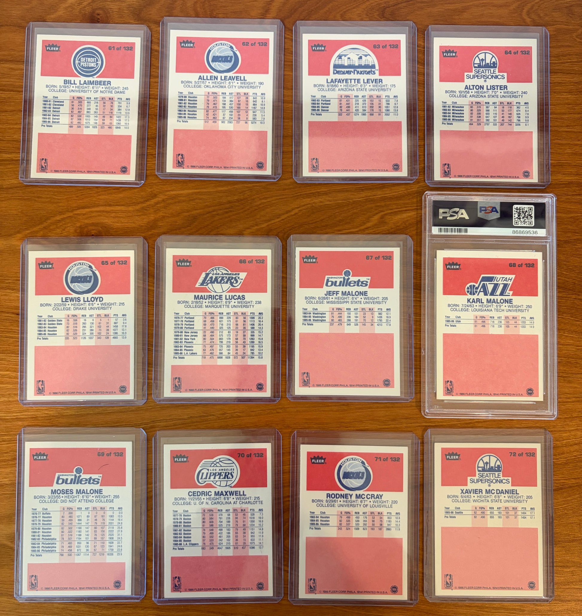 Backs of 1986 Fleer Basketball cards #61–72 from the complete 1986–87 Fleer Basketball set. Includes Bill Laimbeer #61, Allen Leavell #62, Lafayette Lever #63, Alton Lister #64, Lewis Lloyd #65, Maurice Lucas #66, Jeff Malone #67, PSA-graded Karl Malone rookie card #68, Moses Malone #69, Cedric Maxwell #70, Rodney McCray #71, and Xavier McDaniel #72. Card backs display player statistics, biographical information, and team logos from the iconic 1986 Fleer Basketball release.