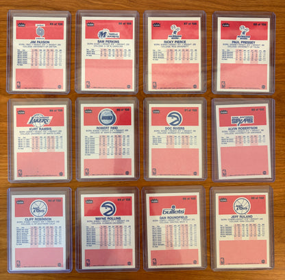 Backs of 1986 Fleer Basketball cards #85–96 displayed from the complete 1986–87 Fleer Basketball set. Featured players include Jim Paxson #85, Sam Perkins #86, Ricky Pierce #87, Paul Pressey #88, Kurt Rambis #89, Robert Reid #90, Doc Rivers #91, Alvin Robertson #92, Cliff Robinson #93, Wayne Rollins #94, Dan Roundfield #95, and Jeff Ruland #96. The card backs display player statistics, biographical information, and team logos from the iconic 1986 Fleer Basketball release.