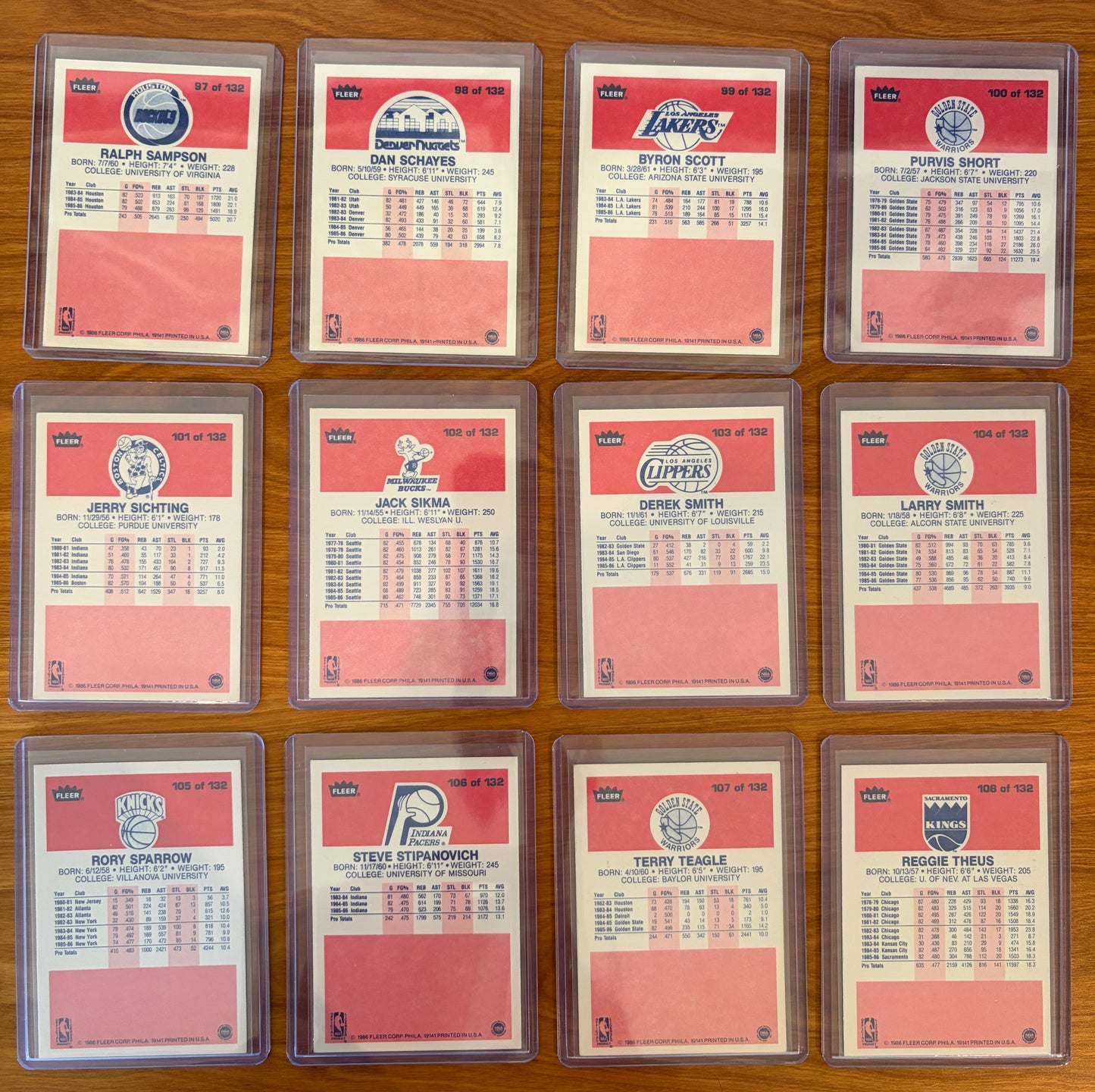 Backs of 1986 Fleer Basketball cards #97–108 from the complete 1986–87 Fleer Basketball set. Includes Ralph Sampson #97, Dan Schayes #98, Byron Scott #99, Purvis Short #100, Jerry Sichting #101, Jack Sikma #102, Derek Smith #103, Larry Smith #104, Rory Sparrow #105, Steve Stipanovich #106, Terry Teagle #107, and Reggie Theus #108. Card backs display player statistics, career summaries, biographical information, and team logos from the iconic 1986 Fleer Basketball release.
