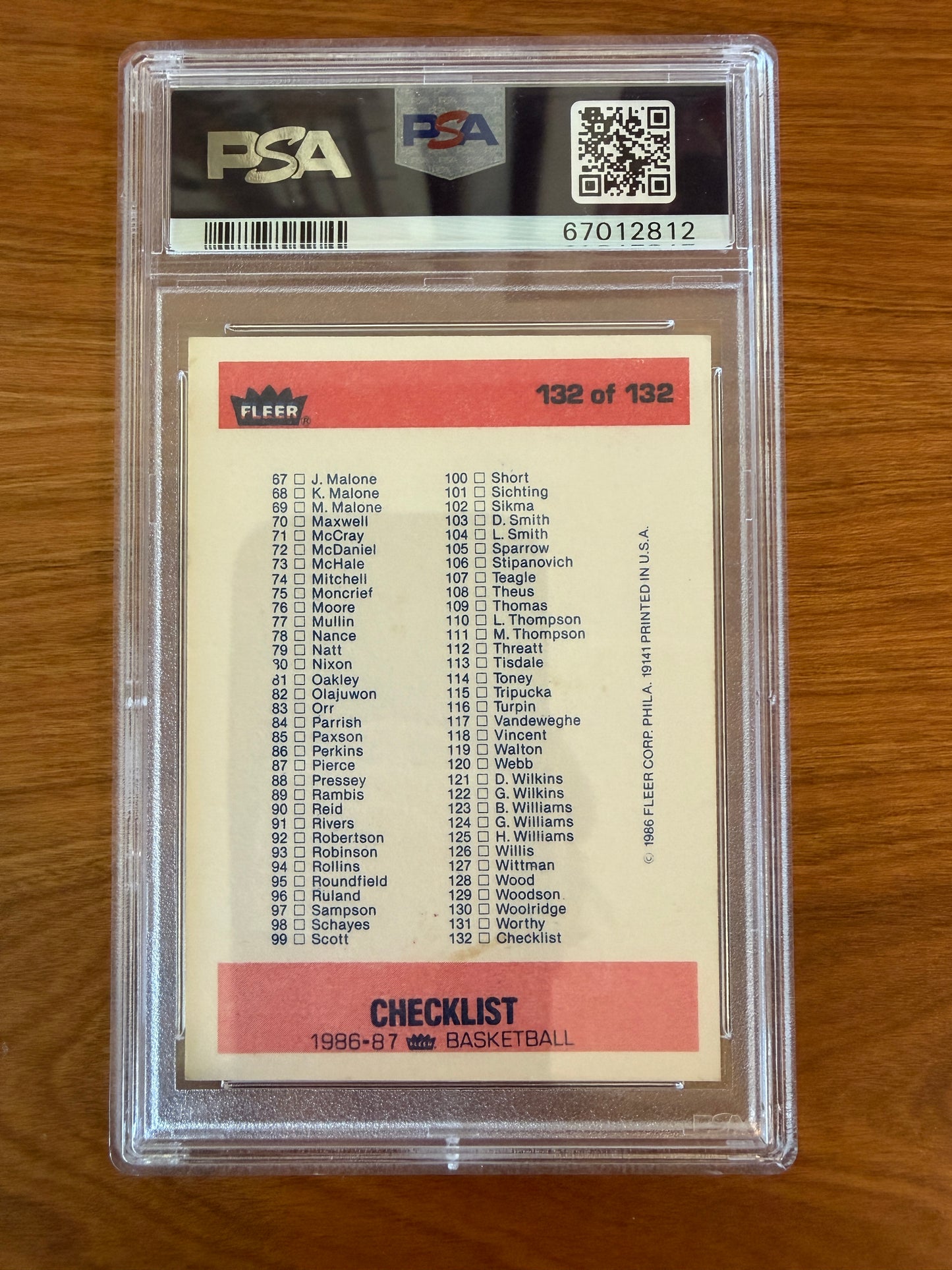 Back of the 1986 Fleer Basketball Checklist card #132 graded PSA 6 (EX-MT). The card displays the checklist for cards #67–132 from the iconic 1986–87 Fleer Basketball set, including notable players such as Karl Malone, Hakeem Olajuwon, Isiah Thomas, Dominique Wilkins, James Worthy, Robert Parish, Chris Mullin, and Patrick Ewing. Encapsulated in an authenticated PSA holder.
