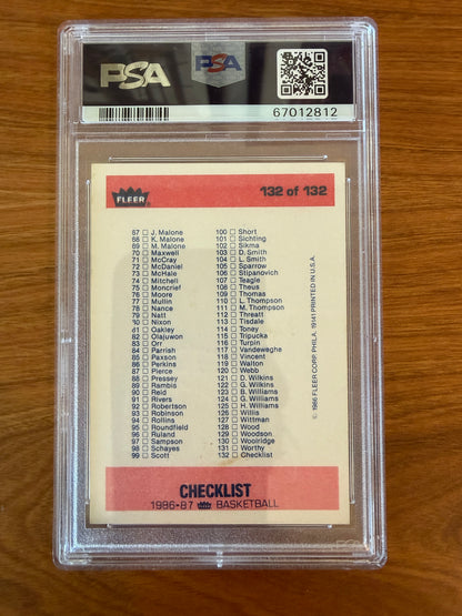 Back of the 1986 Fleer Basketball Checklist card #132 graded PSA 6 (EX-MT). The card displays the checklist for cards #67–132 from the iconic 1986–87 Fleer Basketball set, including notable players such as Karl Malone, Hakeem Olajuwon, Isiah Thomas, Dominique Wilkins, James Worthy, Robert Parish, Chris Mullin, and Patrick Ewing. Encapsulated in an authenticated PSA holder.