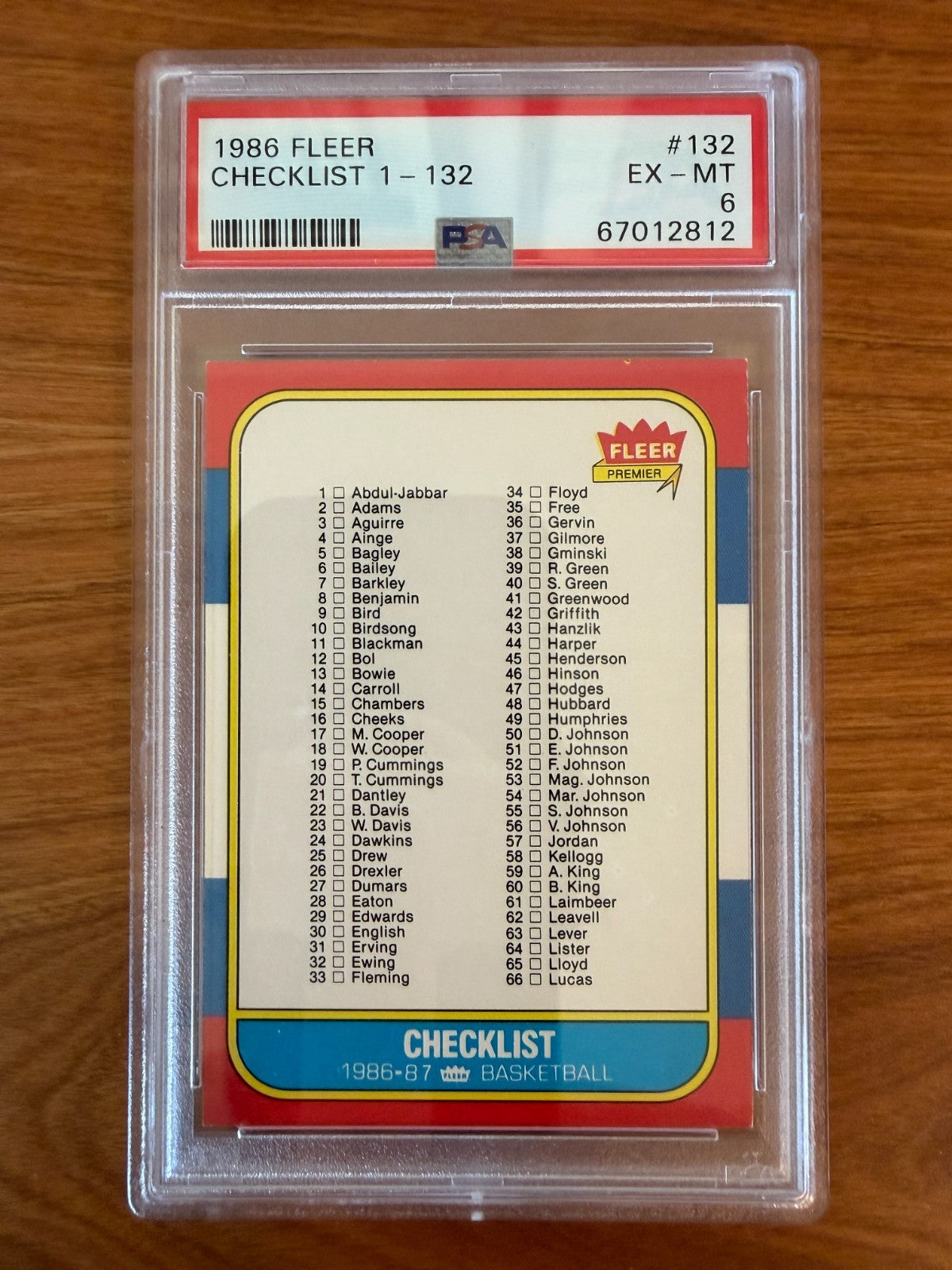 1986 Fleer Basketball Checklist card #132 graded PSA 6 (EX-MT). The iconic checklist card features the player checklist for cards #1–66 from the legendary 1986–87 Fleer Basketball set, including Hall of Fame stars such as Michael Jordan, Larry Bird, Magic Johnson, Charles Barkley, Julius Erving, Kareem Abdul-Jabbar, and Patrick Ewing. Encapsulated in an authenticated PSA holder.