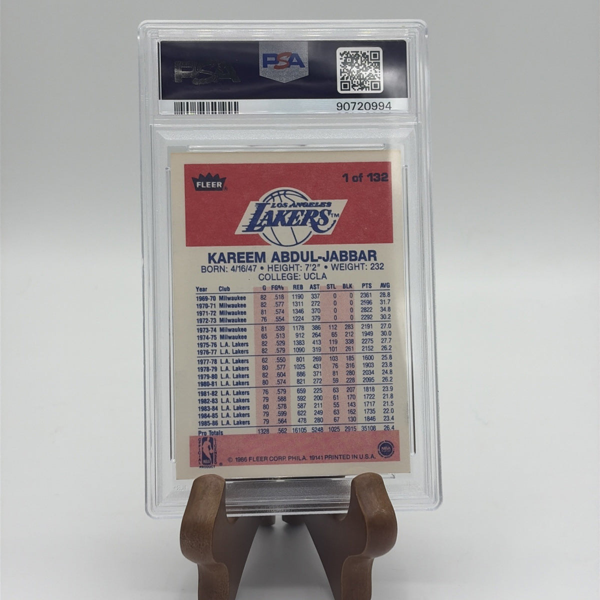 Back of a PSA-graded 1986 Fleer Kareem Abdul-Jabbar #1 basketball card showing career statistics and player information.