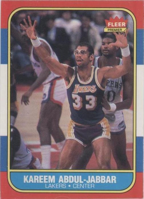 PSA EX-MT 6 1986 Fleer Kareem Abdul-Jabbar #1 basketball card featuring the Los Angeles Lakers Hall of Famer.