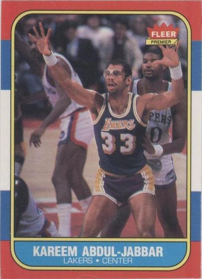 PSA EX-MT 6 1986 Fleer Kareem Abdul-Jabbar #1 basketball card featuring the Los Angeles Lakers Hall of Famer.