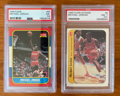 Side-by-side display of Michael Jordan's iconic 1986 Fleer rookie card #57 graded PSA 5.5 and 1986 Fleer sticker #8 graded PSA 7. Both cards feature Jordan in his Chicago Bulls uniform and are encapsulated in authenticated PSA holders. Together, they represent two of the most sought-after pieces from the legendary 1986 Fleer Basketball release.