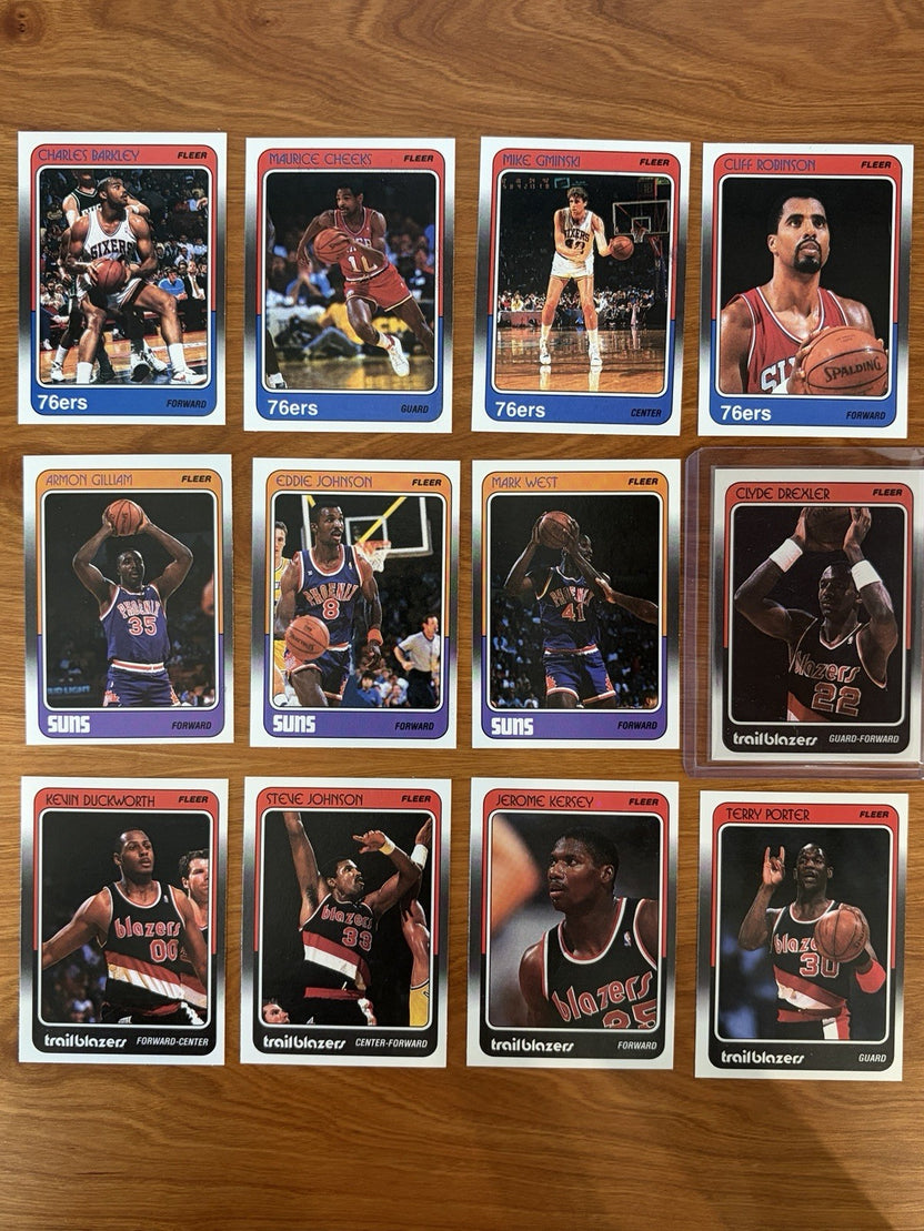 Philadelphia 76ers, Phoenix Suns, and Portland Trail Blazers cards from the 1988 Fleer Basketball complete collection.