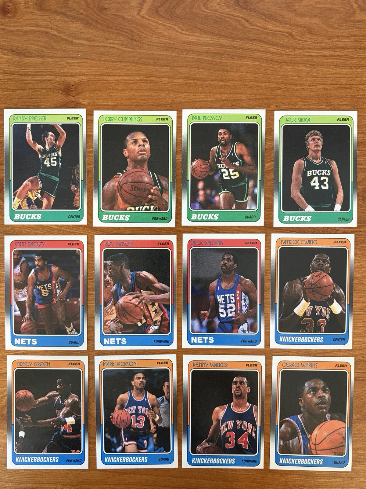 Milwaukee Bucks, New Jersey Nets, and New York Knicks player cards from the 1988 Fleer Basketball complete set.