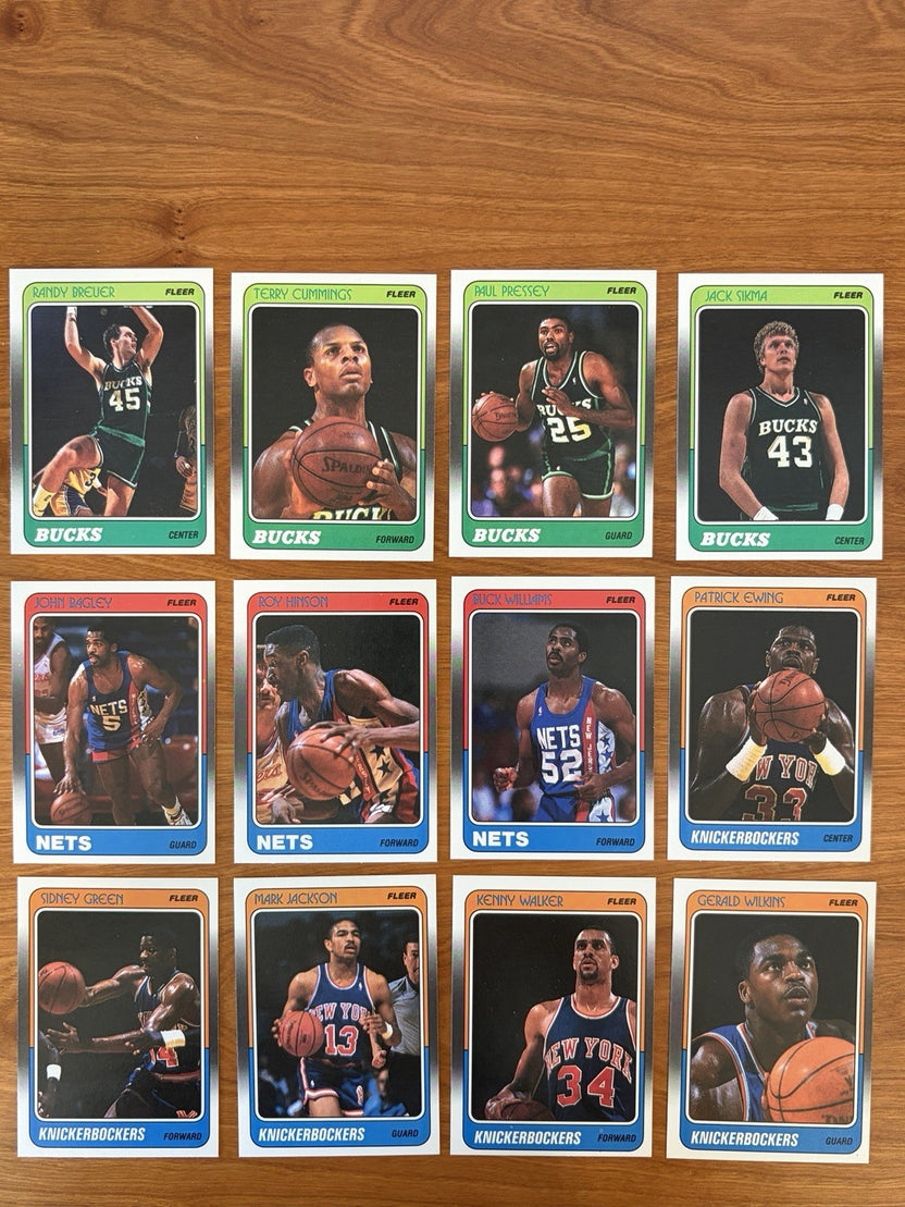 Milwaukee Bucks, New Jersey Nets, and New York Knicks player cards from the 1988 Fleer Basketball complete set.