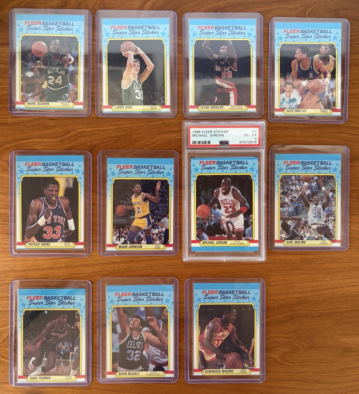 Complete 1988 Fleer Basketball Super Star sticker set featuring Michael Jordan, Larry Bird, Magic Johnson, Kareem Abdul-Jabbar, and other NBA legends.