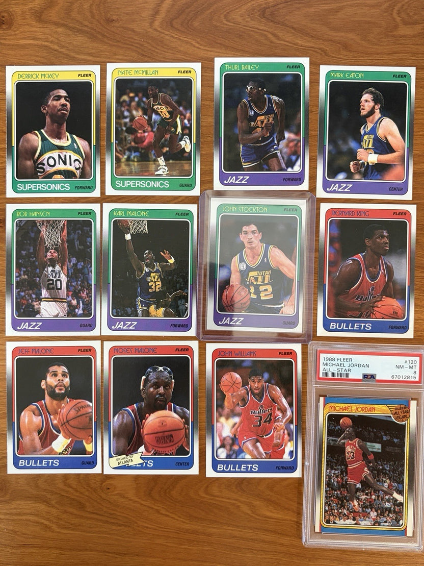 Utah Jazz, Seattle SuperSonics, and Washington Bullets player cards from the 1988 Fleer Basketball complete collection featuring the PSA 8 Michael Jordan All-Star card.