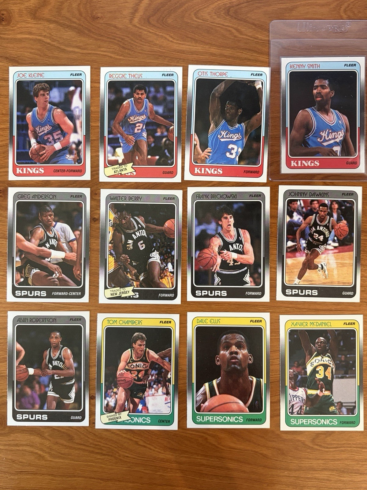 Sacramento Kings, San Antonio Spurs, and Seattle SuperSonics player cards from the 1988 Fleer Basketball complete set.