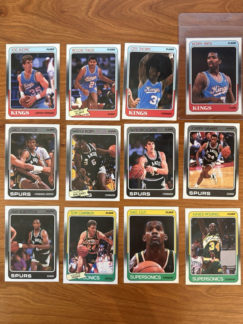 Sacramento Kings, San Antonio Spurs, and Seattle SuperSonics player cards from the 1988 Fleer Basketball complete set.