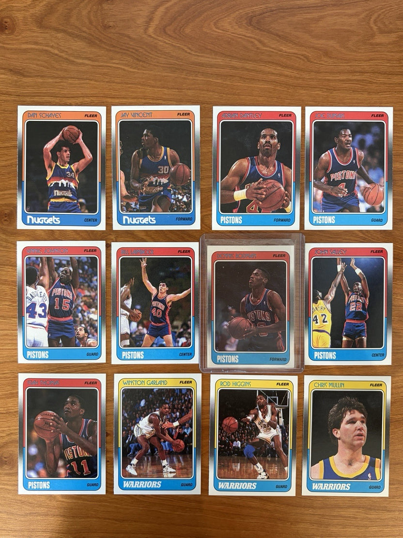 Denver Nuggets, Detroit Pistons, and Golden State Warriors player cards from the 1988 Fleer Basketball collection.