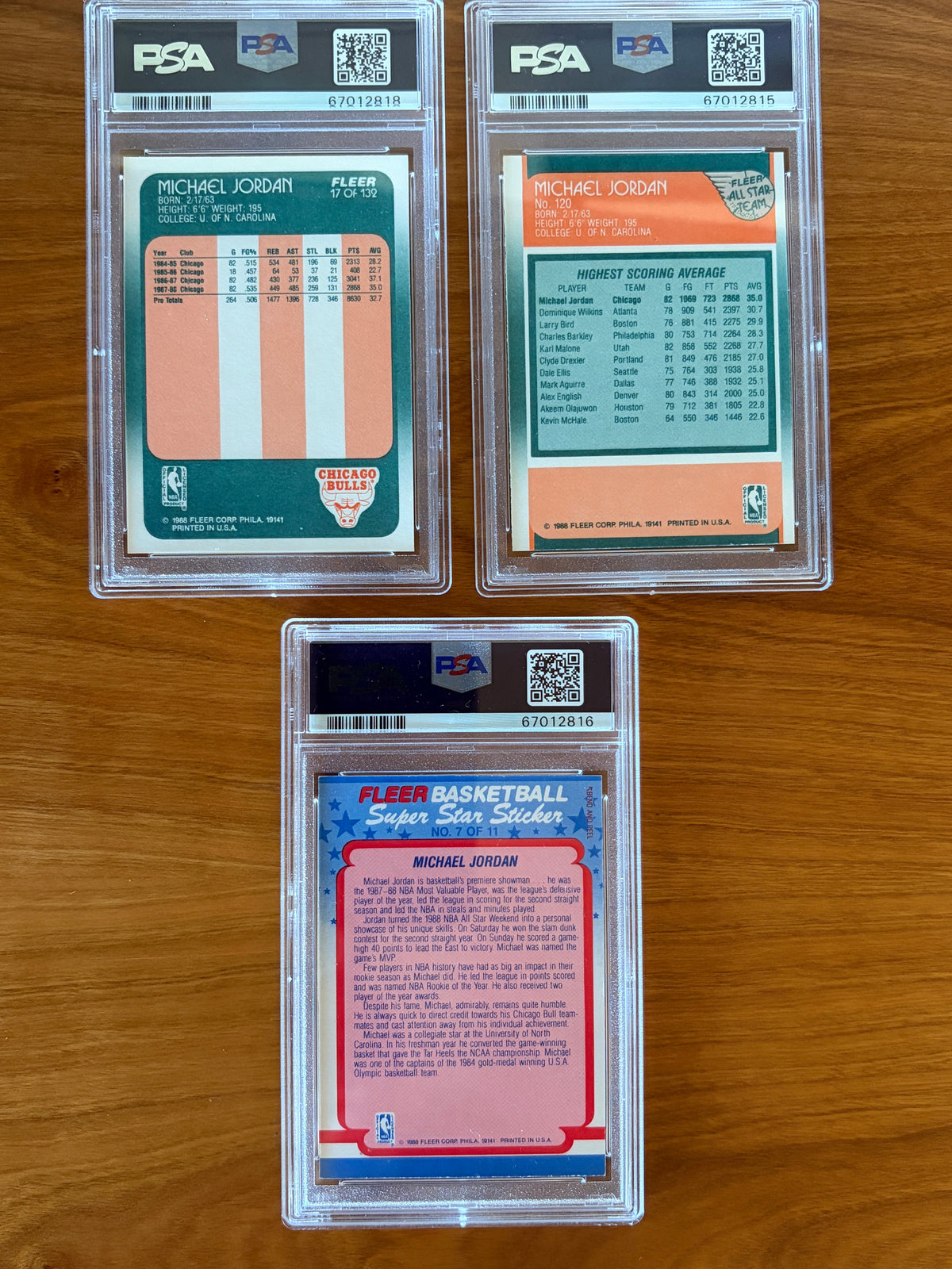 Backs of the three Michael Jordan cards included in the complete 1988 Fleer Basketball collection.