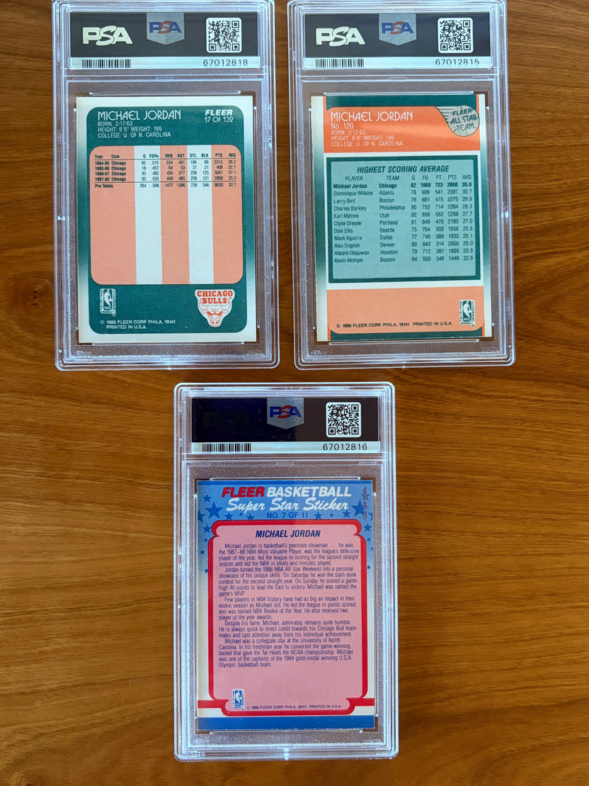 Backs of the three Michael Jordan cards included in the complete 1988 Fleer Basketball collection.