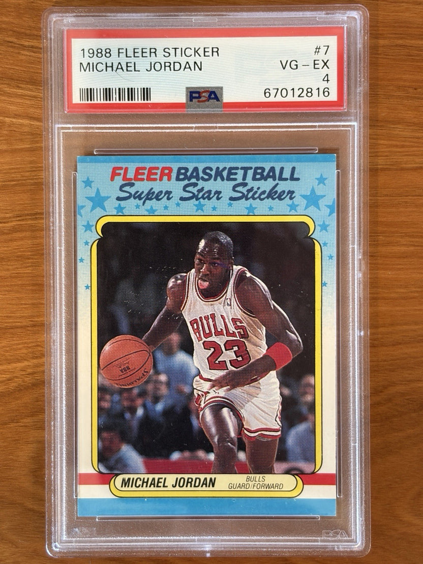 PSA 4 graded Michael Jordan Super Star sticker from the 1988 Fleer Basketball sticker set.