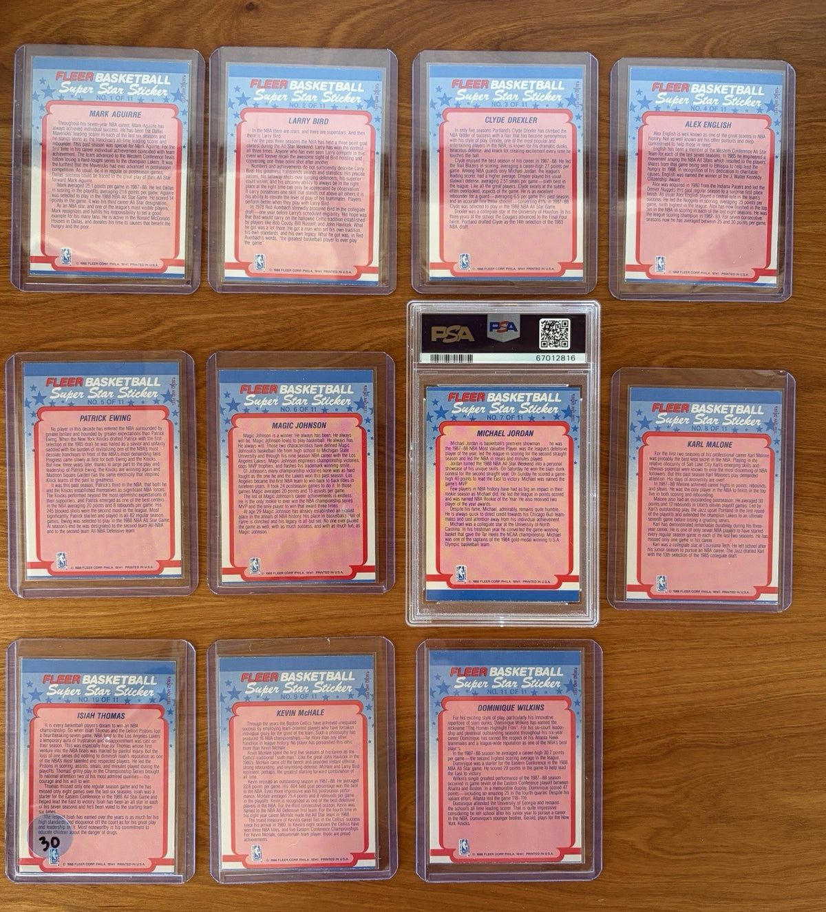 Reverse sides of the complete 1988 Fleer Basketball Super Star sticker collection.