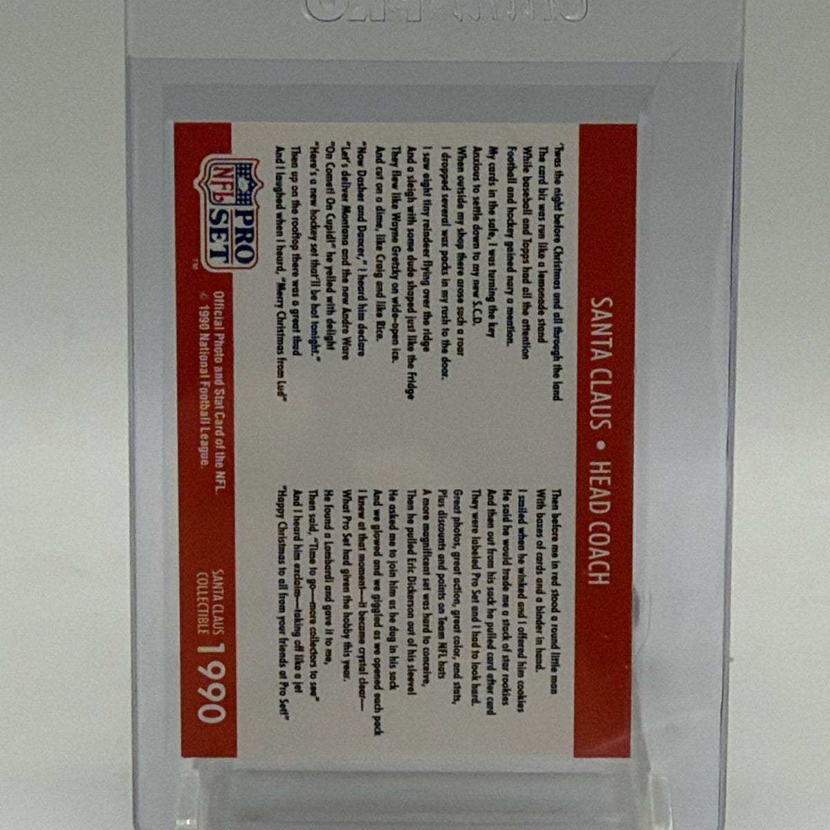Reverse of 1990 Pro Set Santa Claus card showing holiday-themed printed text