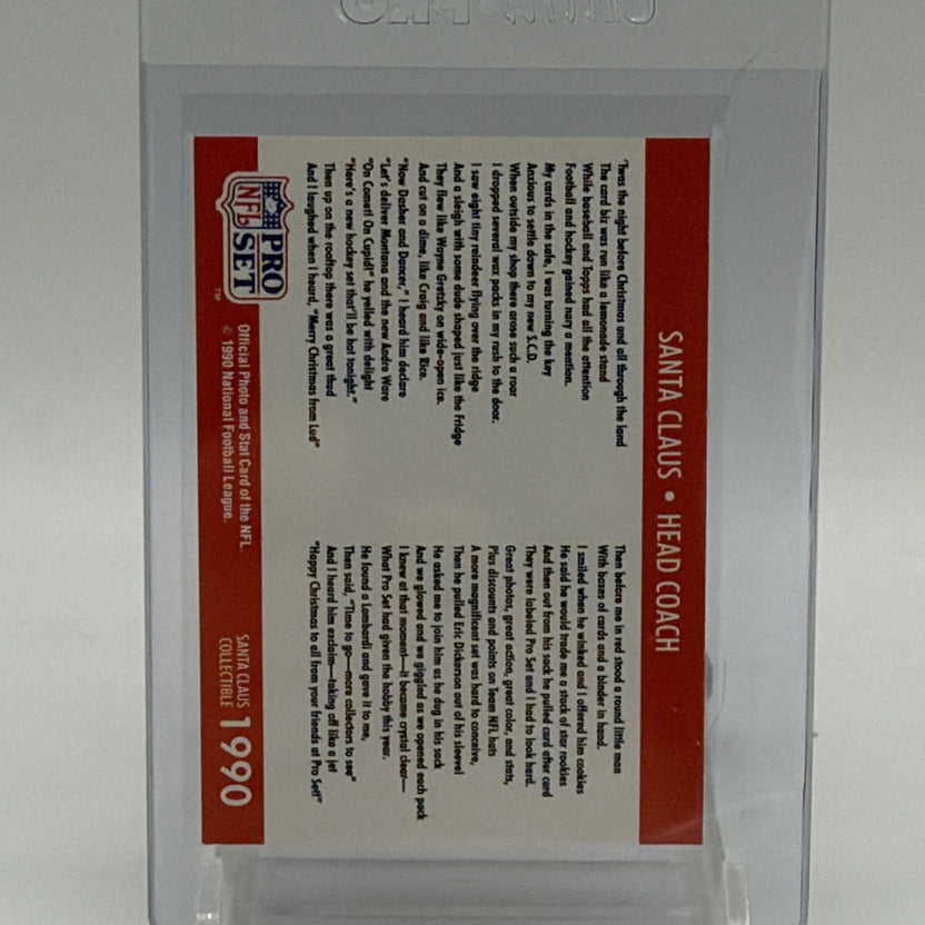 Reverse of 1990 Pro Set Santa Claus card showing holiday-themed printed text