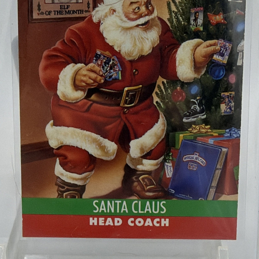 Detail of Santa Claus Head Coach nameplate on holiday football card