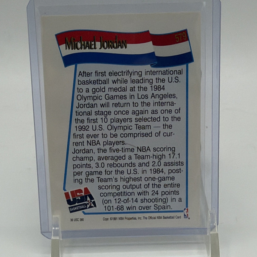 Reverse of Michael Jordan #579 NBA Hoops USA Basketball card with player biography