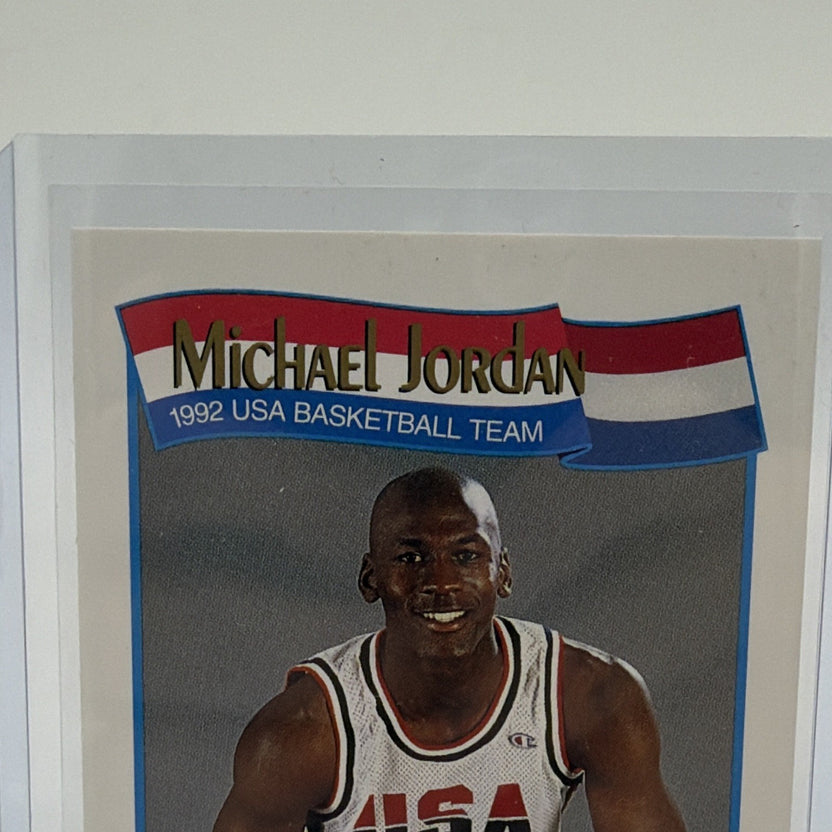 Close-up of Michael Jordan name and USA Basketball banner on card