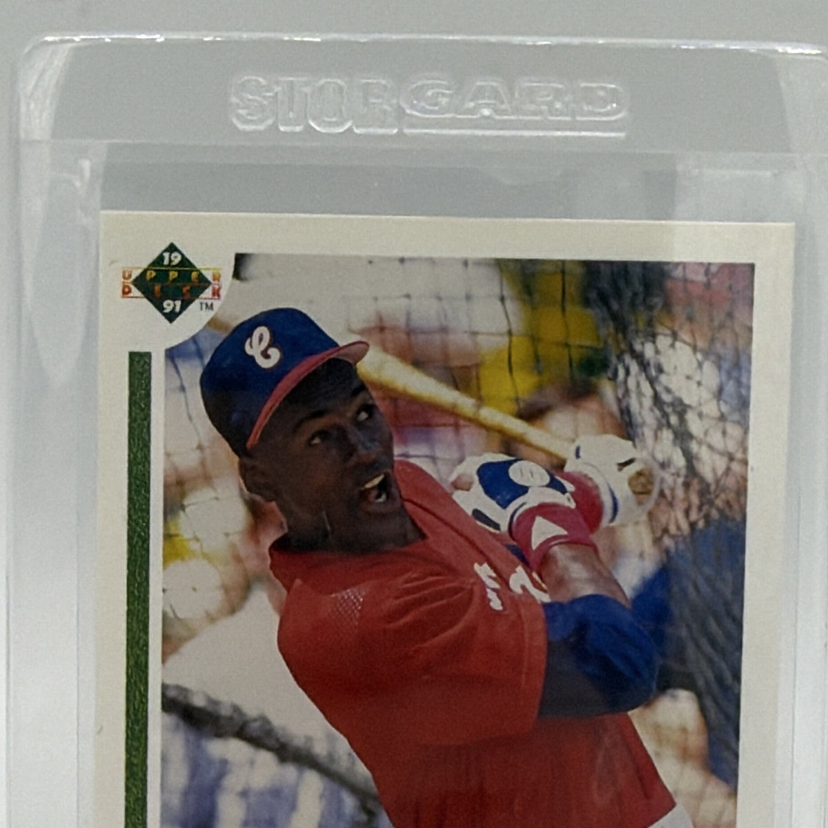 Close-up of Michael Jordan wearing a Chicago White Sox batting helmet on his 1991 Upper Deck card