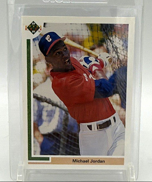 Front of 1991 Upper Deck Michael Jordan SP1 baseball card featuring Jordan batting in a Chicago White Sox uniform