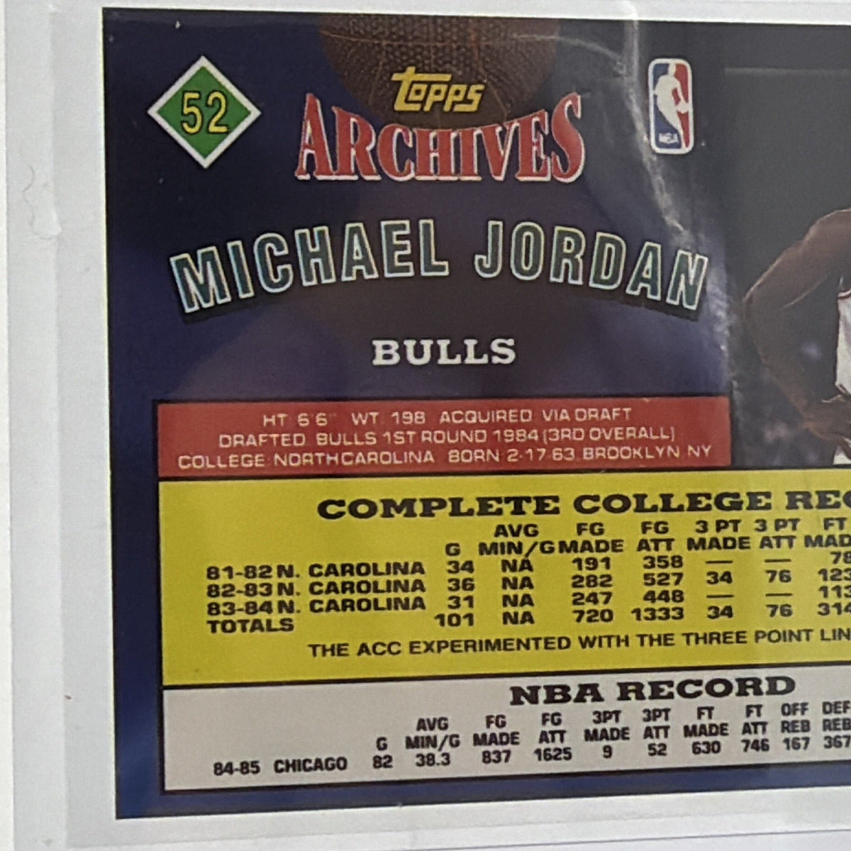 Back of Michael Jordan Topps Archives #52 card with player biography and statistics