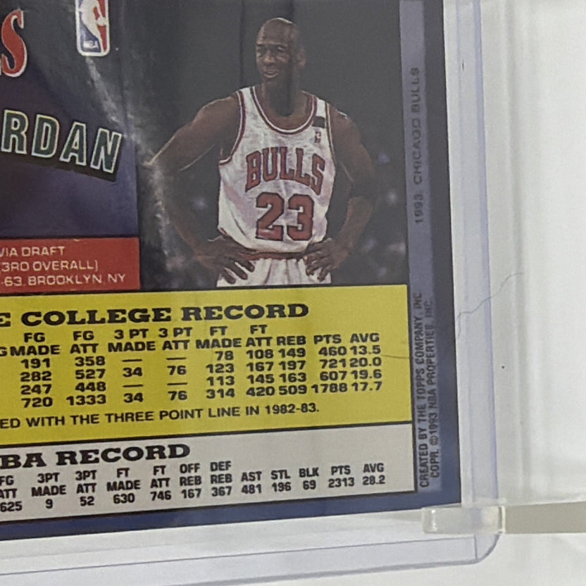 Close-up of Michael Jordan Topps Archives basketball card reverse showing printed player information