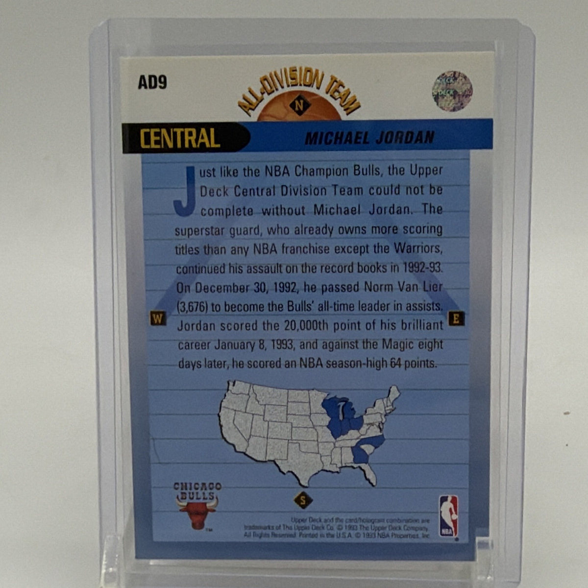 Reverse of 1992–93 Upper Deck Michael Jordan All-Division Team #AD9 basketball card with player information