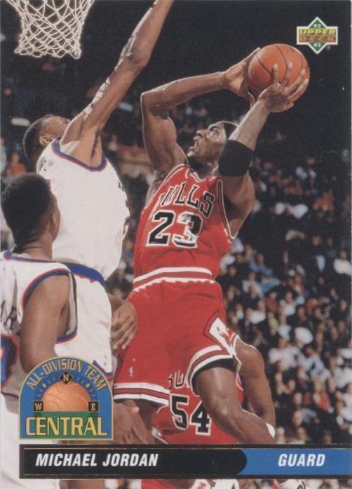 Close-up of Michael Jordan's red Chicago Bulls uniform and All-Division Team nameplate on Upper Deck card #AD9