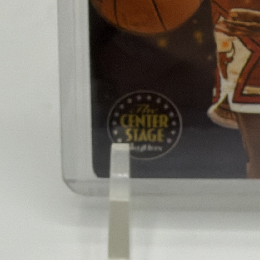 Close-up of lower corner area of Michael Jordan Center Stage card for condition inspection