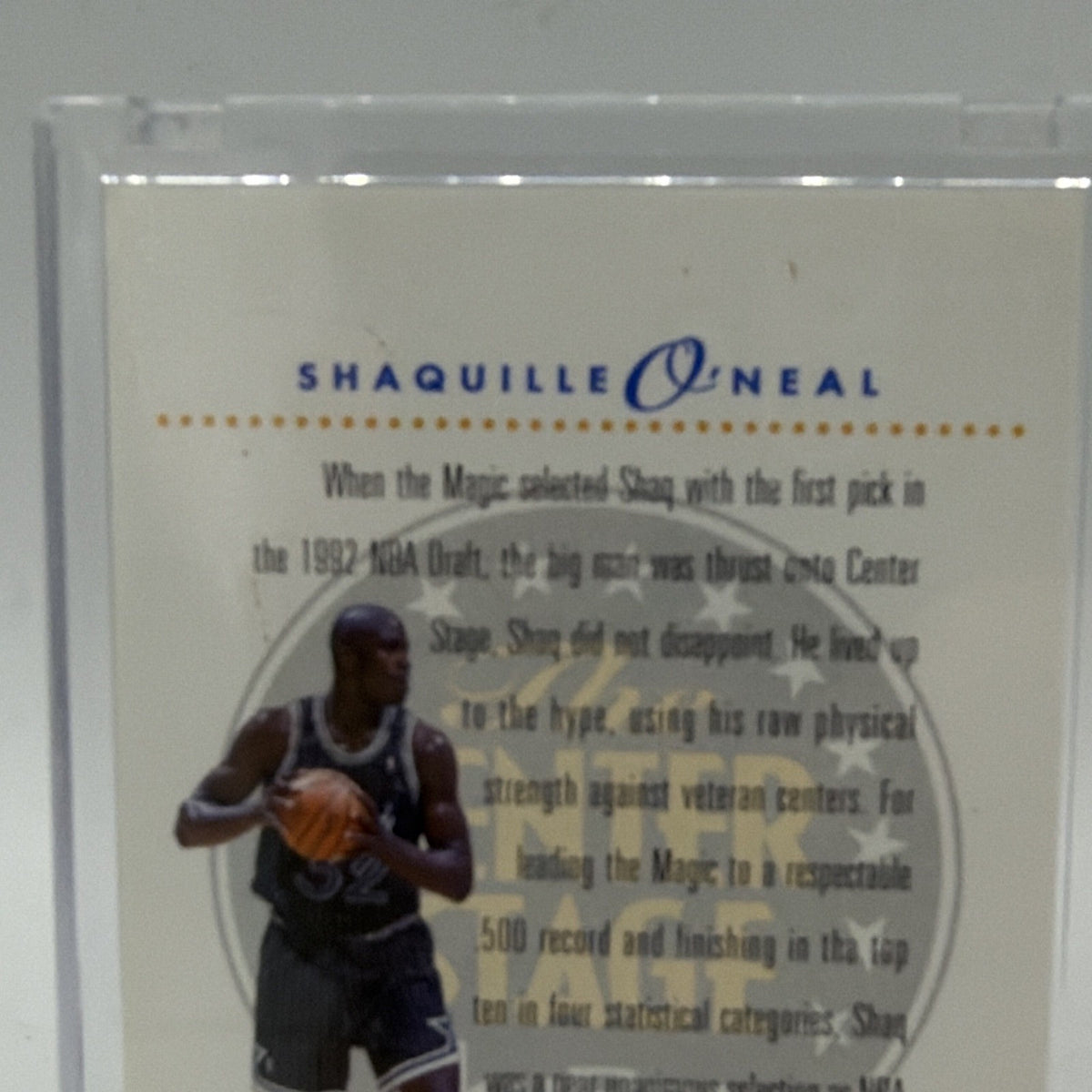 Close-up of upper reverse of SkyBox Shaquille O'Neal Center Stage #CS2 showing printed player information