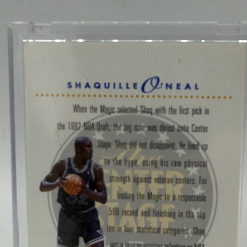 Close-up of upper reverse of SkyBox Shaquille O'Neal Center Stage #CS2 showing printed player information