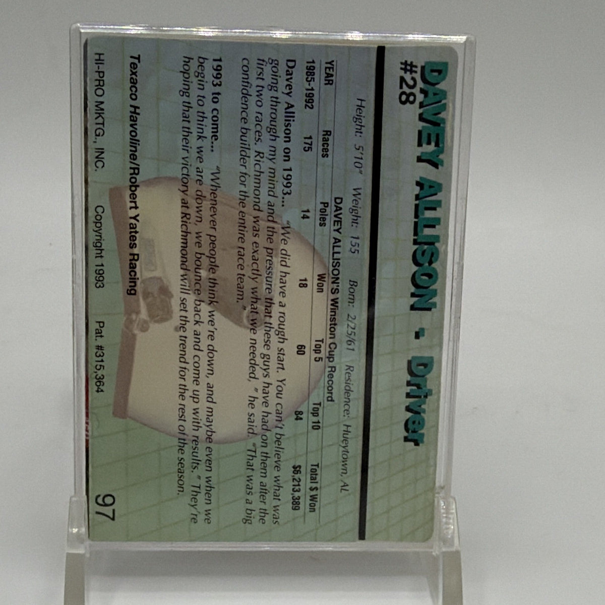 Reverse of 1993 Action Packed Davey Allison NASCAR card showing printed racing information